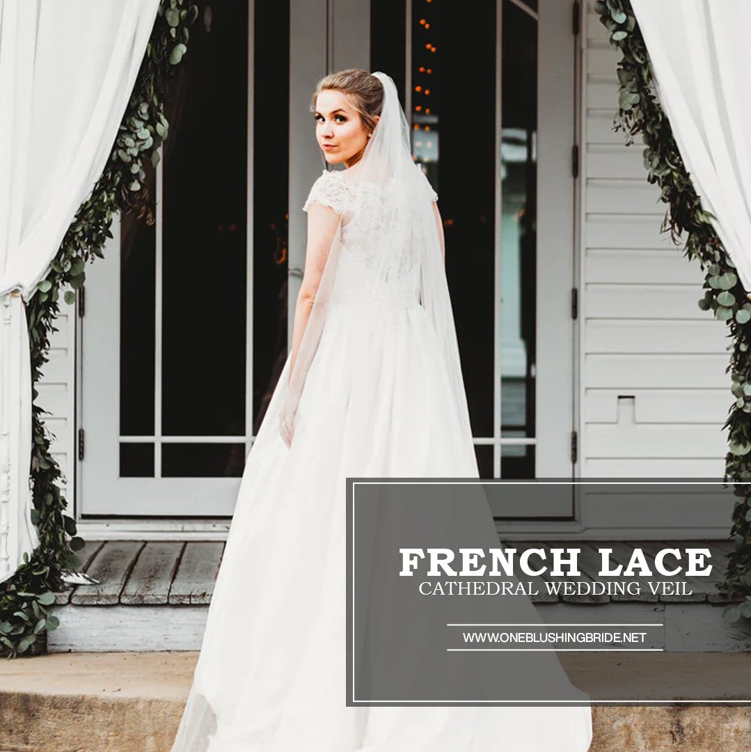 Add a defining touch of elegance to your #wedding day look with our Faithfulness #Frenchlace #cathedralveil. Handcrafted with delicate lace, it's the perfect finishing touch to your bridal ensemble. Shop now at #OneBlushingBride.
bit.ly/3UDp3Kn  
#customveil #handmade