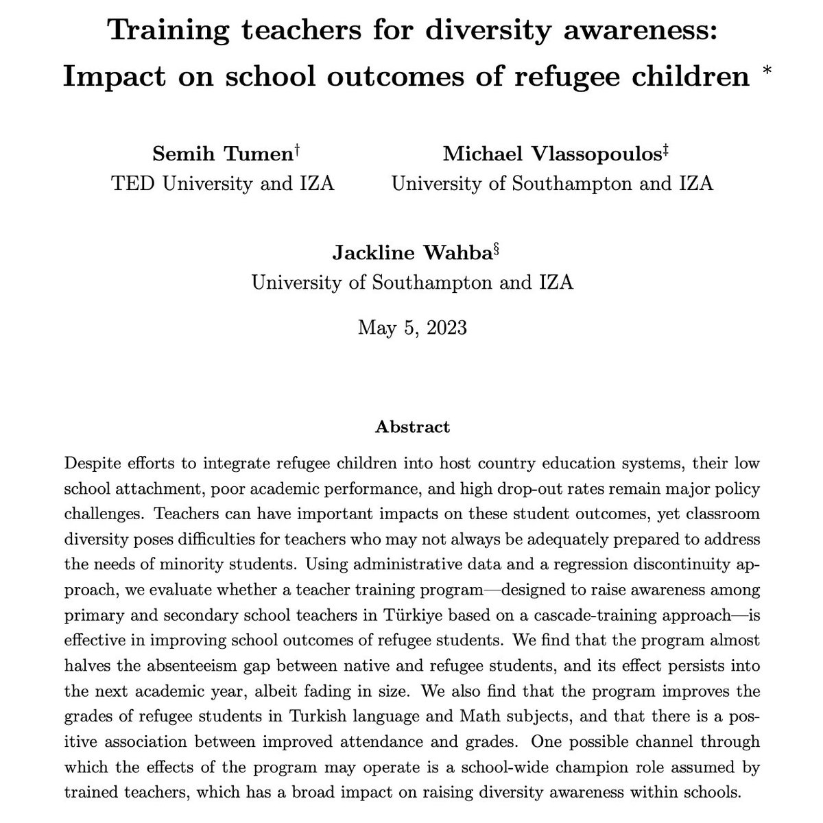 Semih Tumen (@semihtumen) on Twitter photo We are excited to share that our paper examining the effectiveness of teacher training programs as a component of education integration policies (with <a href="/mvlass/">Michael Vlassopoulos</a> & <a href="/JackieWahba/">Jackie Wahba</a>) is accepted at the Journal of Human Resources. (<a href="/J_HumanResource/">The JHR</a>) We are excited to share that our paper examining the effectiveness of teacher training programs as a component of education integration policies (with <a href="/mvlass/">Michael Vlassopoulos</a> & <a href="/JackieWahba/">Jackie Wahba</a>) is accepted at the Journal of Human Resources. (<a href="/J_HumanResource/">The JHR</a>)