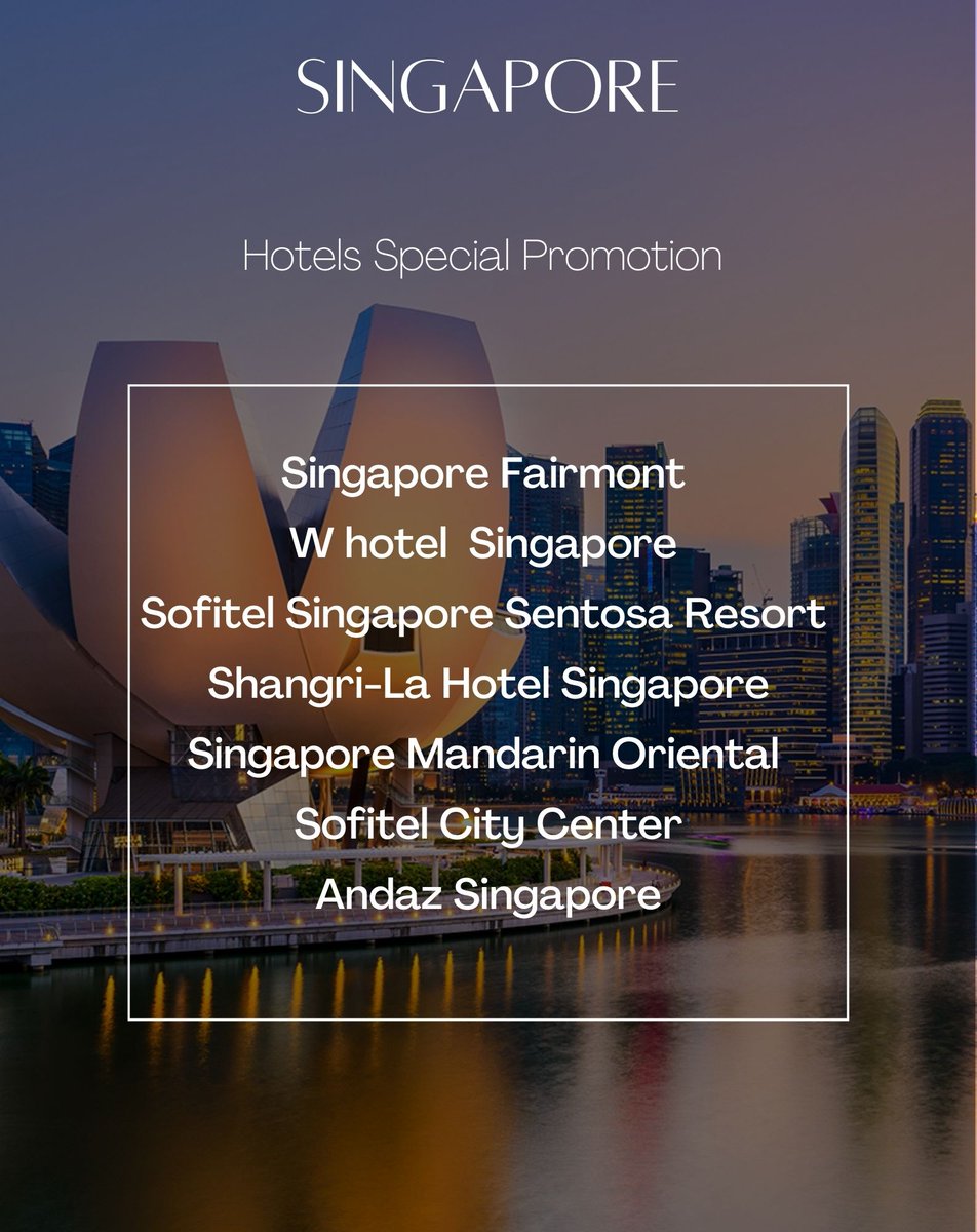 SINGAPORE HOTELS PROMOTIONS 

If you planning your vacation in Singapore, we can offer you special promotion for top hotel of Singapore. 

DM for booking 

#shanghai #luxurytravel #travel #luxurylifestyle #singapore #singaporelifestyle  #universalstudiossingapore #singaporehotel