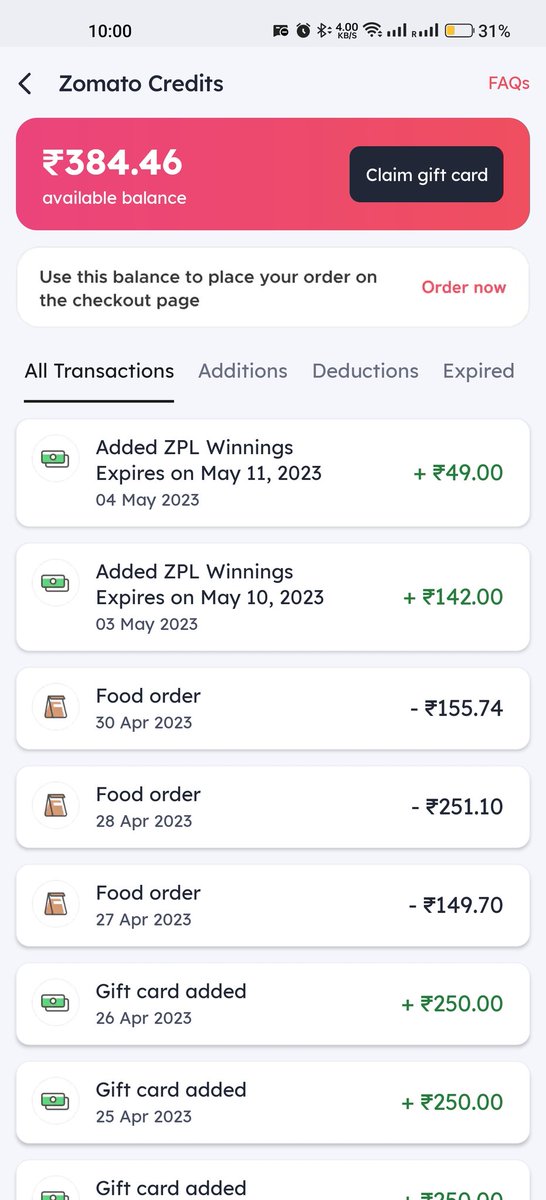 Imsiddharthacca's tweet photo. Nice way to deceive customers @zomato @zomatocare 

Got 142 on 3 May and won 71 points yesterday in ZPL but got credit only for 49. Seems Zomato is short of funds and can't reward customers fairly 🤣🤣

What's more fun, check the reply from the support team. https://t.co/3Jrk0gcZE3