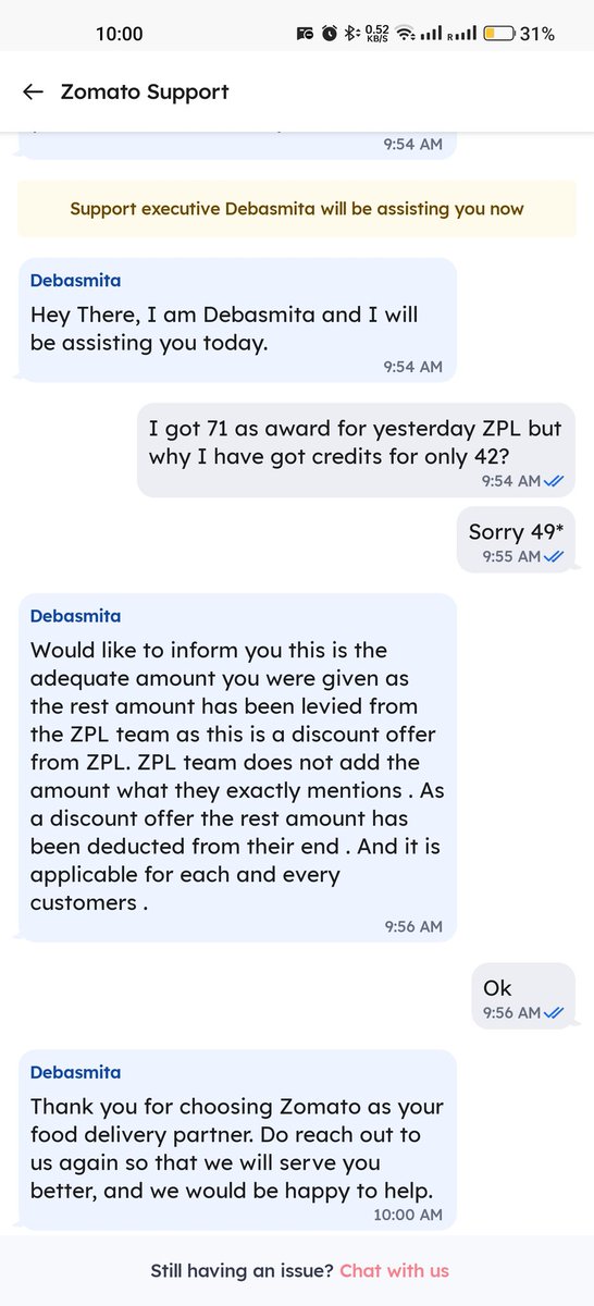 Imsiddharthacca's tweet photo. Nice way to deceive customers @zomato @zomatocare 

Got 142 on 3 May and won 71 points yesterday in ZPL but got credit only for 49. Seems Zomato is short of funds and can't reward customers fairly 🤣🤣

What's more fun, check the reply from the support team. https://t.co/3Jrk0gcZE3