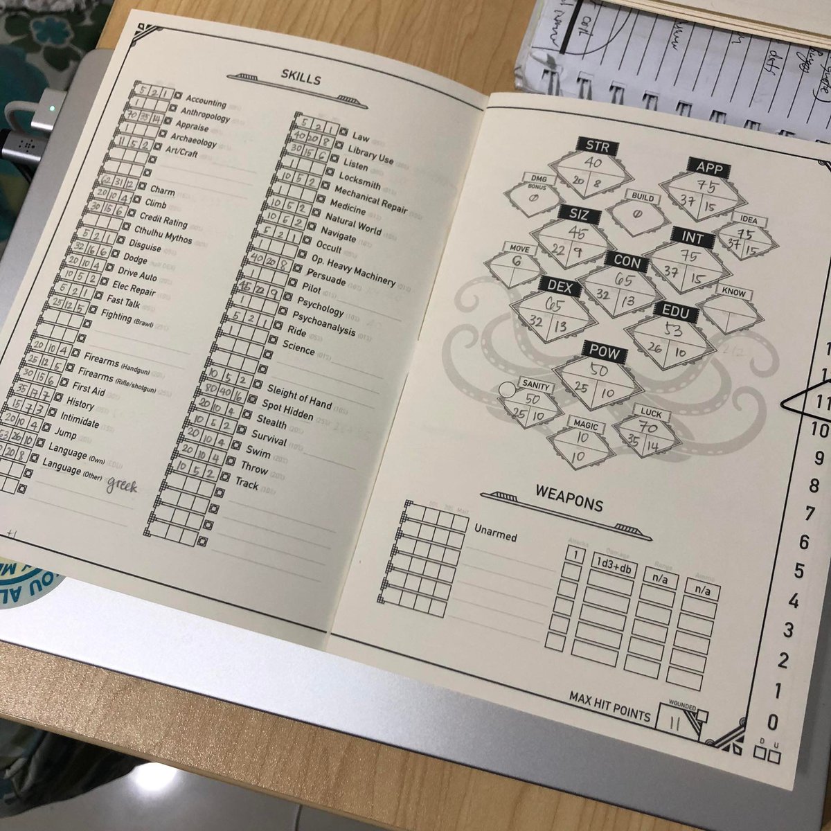 wasabibuns's tweet photo. This makes me feel like F2F gaming is really, truly back. <3 Running #HorrorOnTheOrientExpress for a new team and this is @angelamaria 's character notes <3 She also made the awesome leaflet they use as character sheets! @Chaosium_Inc @heymeepling https://t.co/PDutmV99T4