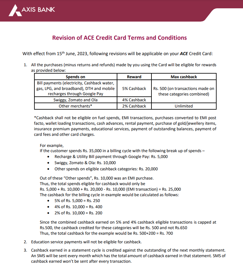 eBankingIndia's tweet photo. It's devaluation time (again)! @AxisBank #AxisAce introduces cashback capping for the 5% and 4% categories. Now limited to a max cashback of ₹500 per cycle (both categories combined). 2% unlimited.
#CCGeek #CreditCard
@2021Kashif @imYadav31 @bhavyegoel @TechnoFino @karna_ocw https://t.co/4FmqW9FK2P