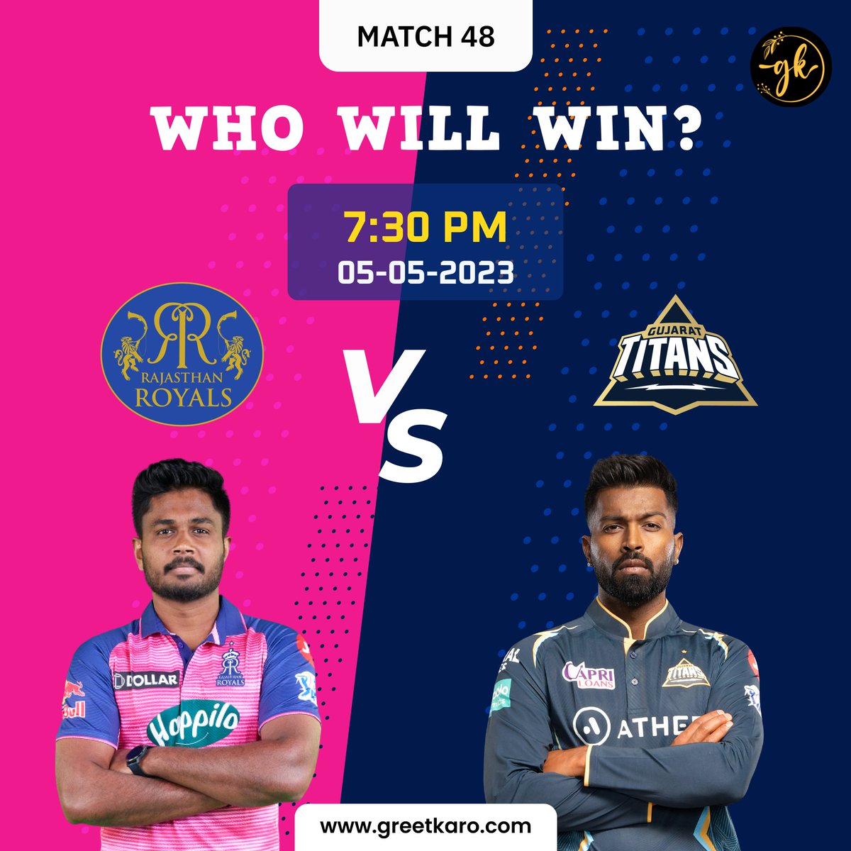 Two explosive teams, RR and GT, are set to face off in a thrilling match! 
.
.greetkaro.com/apps/
.
#RRvsGT #IPL2023 #Cricket #Matchday #Battles #JosButtler #HardikPandya #GreetKaro #Greetify #CheerForYourTeam #Royals #Gladiators #GoRoyals #OneFamily #DilSeDekho