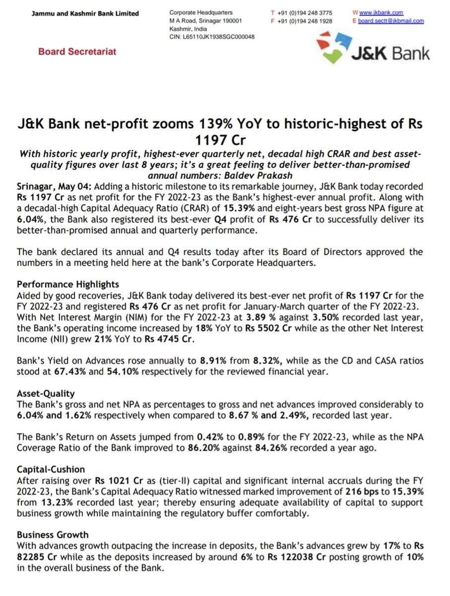 LnprCapital's tweet photo. Solid set of nos from J&amp;K Bank. https://t.co/DG6tNdyVTg