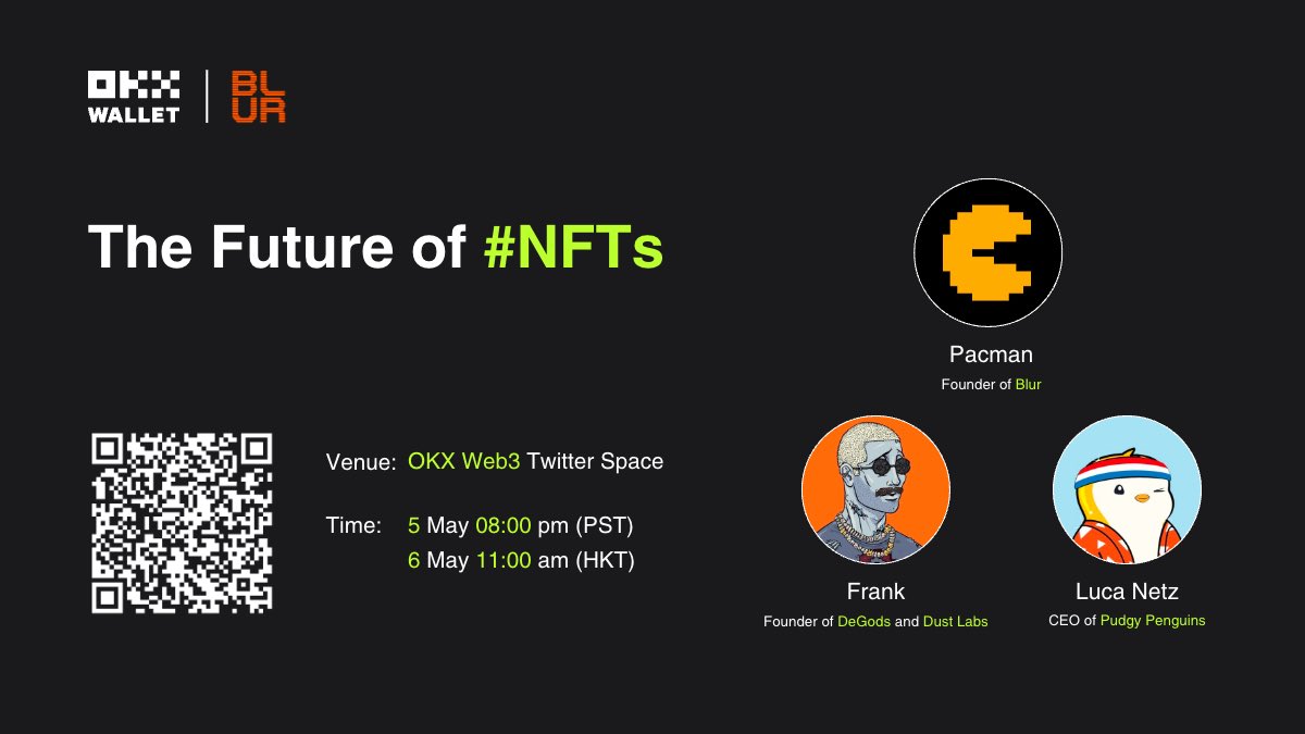 wallet's tweet photo. OKX Wallet is now supported on @blur_io!

Join our Twitter space with #Blur and leading #NFT creators like:
🌟 @PacmanBlur, Founder of @Blur
💁‍♂️ @frankdegods, Founder of @DeGodsNFT
🐧 @LucaNetz, CEO of @pudgypenguins 

https://t.co/P1gUvaxEuI https://t.co/TGknHMu1C2