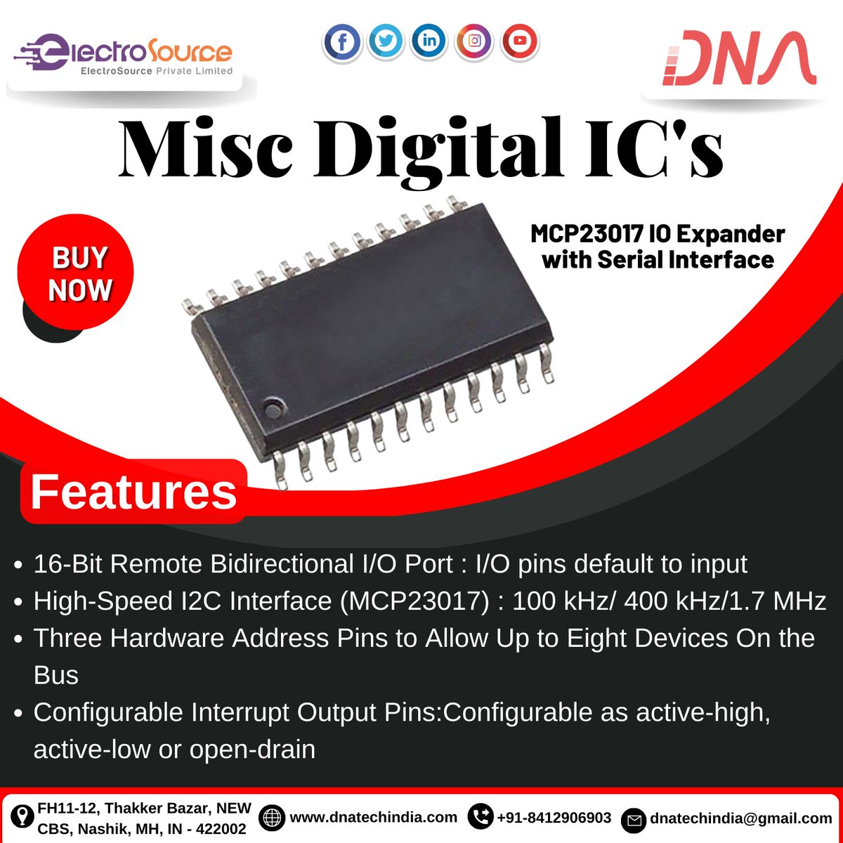 dnatechindia's tweet image. Misc Digital ICs
MCP23017 IO Expander with Serial Interface
#digitlaics #miscdigital #inputoutput #serialinterface #remote #port #default #input #highspeed #interface #hardware #devices #bus #configurable #pins #activehigh #activelow #opendrain #electronicsengineering #components