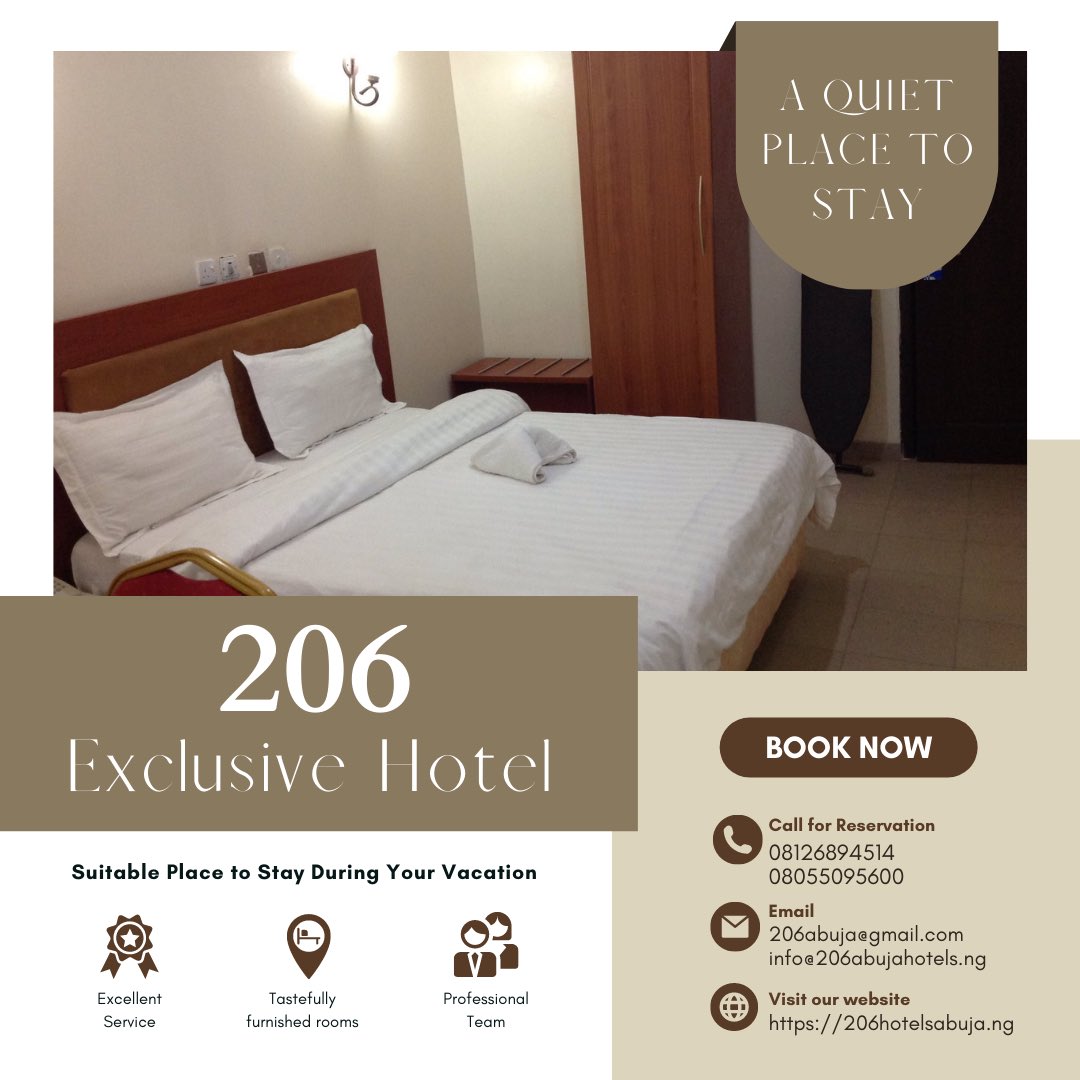 206Guest's tweet photo. Rooms cost N15,000 a night.
See poster for more details https://t.co/wcT4BxIh5s