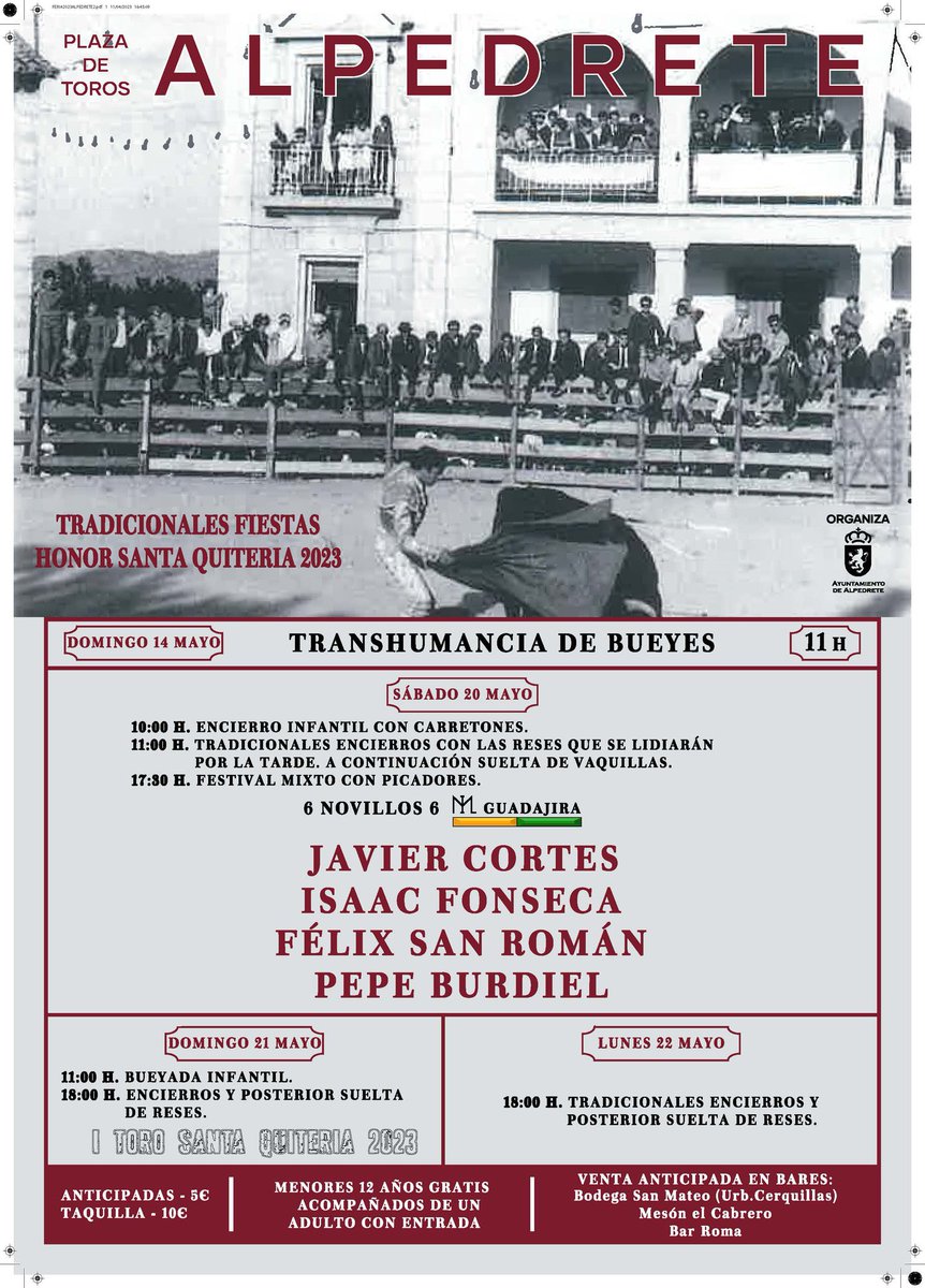 vox_alpedrete's tweet photo. 🐂 No olvides comprar tus entradas para el festival taurino de las fiestas en honor a Santa Quiteria: 

🎟️ Puedes adquirirlas en:

📍Bodega San Mateo (urbanización Las Cerquillas)
📍Mesón El Cabrero
📍Bar Roma

#CuidaAlpedrete 
#CuidaLoTuyo https://t.co/m7YkkRvUmE