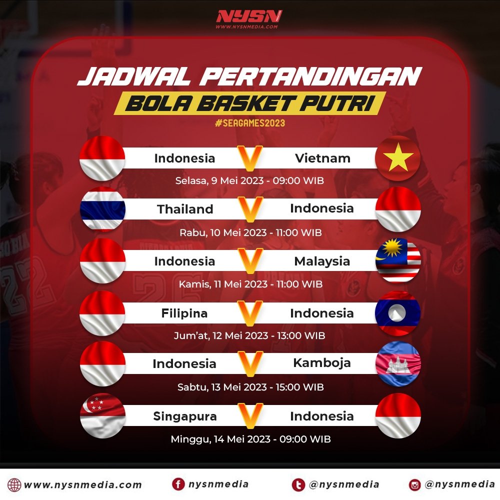 NYSNMedia's tweet photo. Jadwal lengkap pertandingan bola basket putra di Sea Games 2023!
Berikan yang terbaik, Garuda! 🇮🇩
.
#MainBasket
#indonesiabasketball
#basketindonesiajuara
#bawabangga
#SerunyaOlahraga
#SEAGames2023 https://t.co/AluB7GJCmN