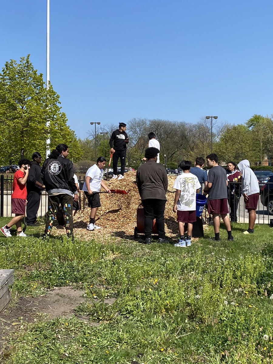 MsWelshNGHS's tweet photo. @NorthGrandHS football team helped garden club in a big way by helping us tackle (pun intended) this huge pile of mulch and improve the garden space. @northgrandath at its finest. The snake was not as helpful. #garden #schoolgarden #urbangarden @ChiPubSchools https://t.co/lC6fTMYaud