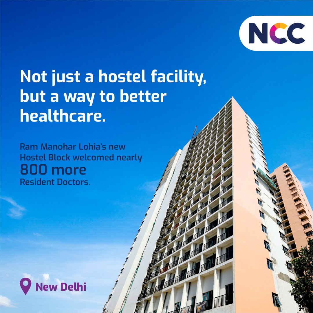 ncc_limited's tweet photo. Built by #NCC the #ResidentDoctor #HostelBlock at #RMLHospital is a solution for its 600+ Resident Doctors. With 824 rooms, 20 floors, 3 basements, and ground floor it was built after a proposal and sanction by the Centre to address space constraints in the existing facility. https://t.co/NvIK6GuWK9