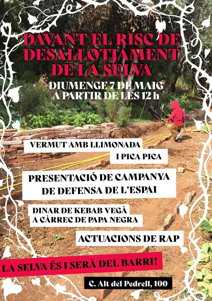 ⚠️ La Selva està en risc de desallotjament! ⚠️

Defensem el projecte comunitari del barri davant les urpes de l'especulació 👊

Aquest diumenge, jornada de presentació de la campanya amb musiqueta i menjar per a tothom.

Animeu-vos a venir i donar vida a l'espai 🖤