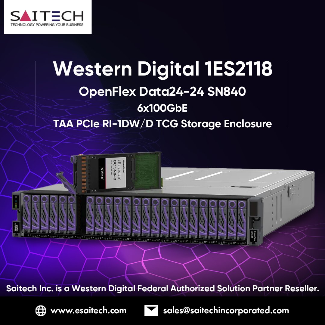 SaitechInc's tweet image. Introducing the #WesternDigital 1ES2118 #OpenFlex Data24-24 SN840 #StorageEnclosure - featuring 6x100GbE #TAA #PCIe RI-1DW/D #TCG, providing secure &amp;amp; efficient storage solutions for your business needs.👍

👉esaitech.com/products/weste…

#Esaitech #SaitechInc  #Data24 #SN840 #100GbE