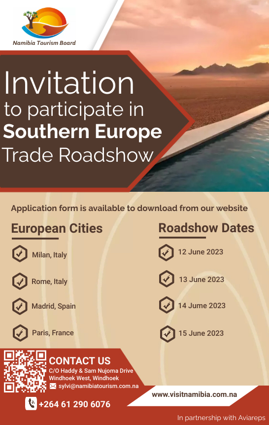 Tourism_Board's tweet photo. Namibia Southern Europe Roadshow 2023
We cordially invite interested NTB Registered #Namibian Operators based in #Namibia or airlines servicing #Namibia to apply for participation.
#sharemynamibia #visitnamibia #europeroadshow #namibianow https://t.co/TwEnSoKyyz