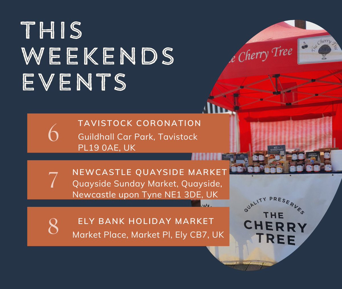 Looking to try some award-winning preserves? 🍓

Come and see us at one of our events and meet the team 👋

Click the link to see where else you can find us this summer 🌞
bit.ly/3z9ECgO

#Market #Events #CherryTree