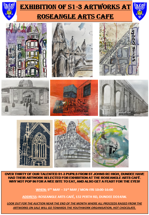 urban Sketching. Getting creative for a good cause, over 30 of our S1-3 pupils will have their artwork exhibited at Roseangle Arts Cafe from next Tuesday. Work will be auctioned at the end of the month with all proceeds going to the charity @HotChocoTrust