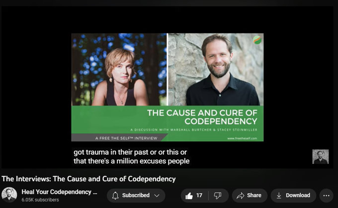 255 views  28 Apr 2023
Stacey and Marshall discuss the origins of codependency, how needs are factored in, and how to actually heal and be free of your codependency.

You can follow Stacey Steinmiller here:    

 / @theradicalevolution  

***

Seeking help in healing codependency? Join The Heal Your Codependency Community and get access to weekly experiments, practices, and support in your healing journey: https://community.freetheself.com


***

Connect with me on social media and via email, and learn more about how I heal codependency permanently even when therapy and self-help efforts have failed you: https://links.freetheself.com