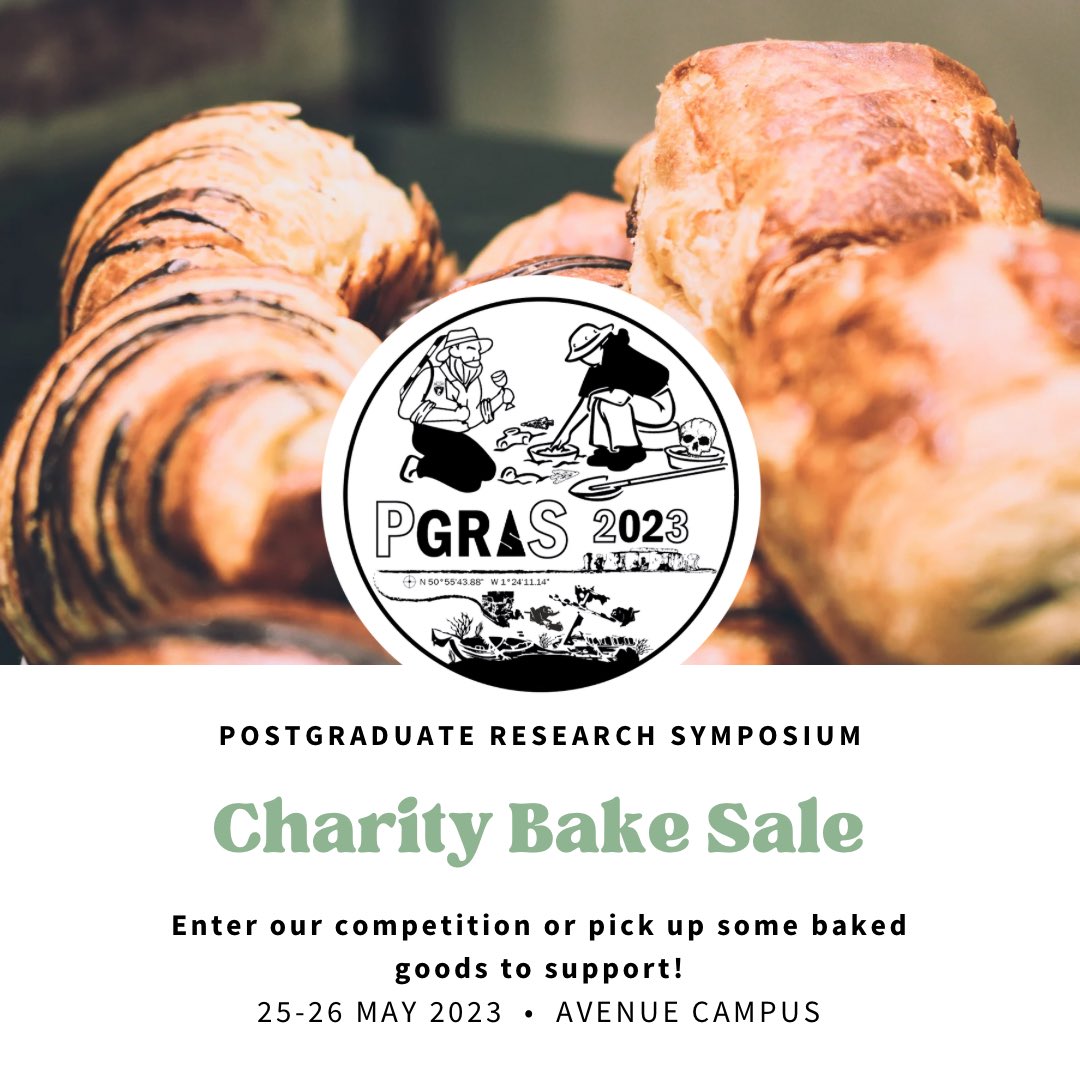 Bring along your best baked good to #PGRAS2023 for a chance to win a prize! Why not make something archaeology-themed? 😉

There is no deadline to sign up, but we encourage sending an email to aidb1g20@soton.ac.uk to indicate your interest! 

All proceeds go to charity 🧁