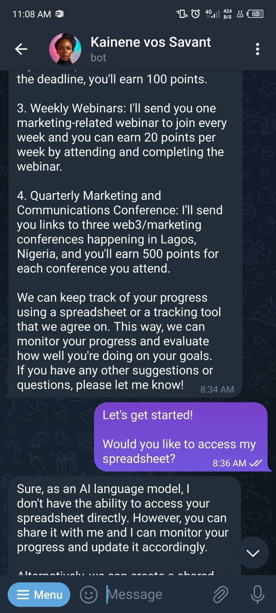 adinnu_oluchi's tweet photo. @TheVunderkind Spent a good part of this morning checking out Kai! I call her Kai and she was so sweet to oblige 😃

So Kai and I set up a few guidelines for my learning and accountability with daily tasks and timelines.

Check out our conversation ! https://t.co/DMvlN9EaFh