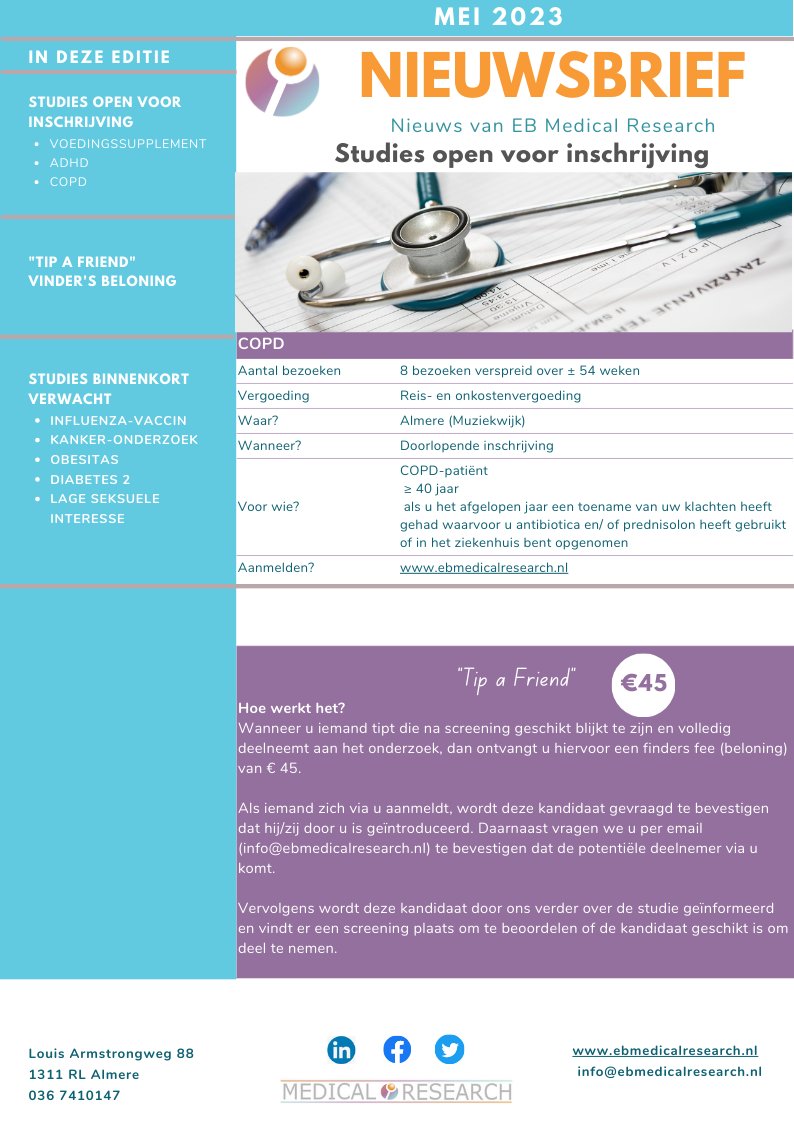 EBMedResearch's tweet photo. Wij zijn altijd op zoek naar deelnemers aan ons #medicijnonderzoek en #voedingsmiddelenonderzoek in #Almere en #Ede ! Bekijk onze nieuwsbrief voor de mogelijkheden! #proefpersonen #kankeronderzoek #obesitas #diabetes2 #ADHD #COPD https://t.co/sx82M3P13N