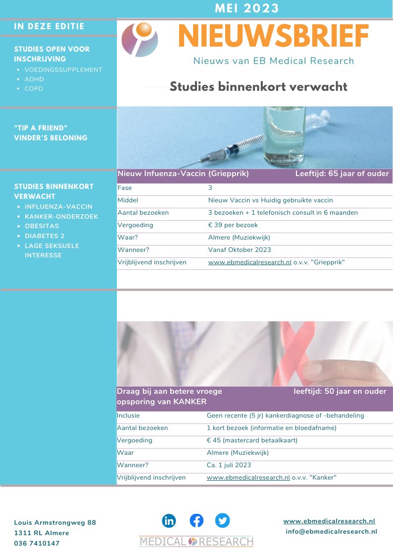 EBMedResearch's tweet photo. Wij zijn altijd op zoek naar deelnemers aan ons #medicijnonderzoek en #voedingsmiddelenonderzoek in #Almere en #Ede ! Bekijk onze nieuwsbrief voor de mogelijkheden! #proefpersonen #kankeronderzoek #obesitas #diabetes2 #ADHD #COPD https://t.co/sx82M3P13N