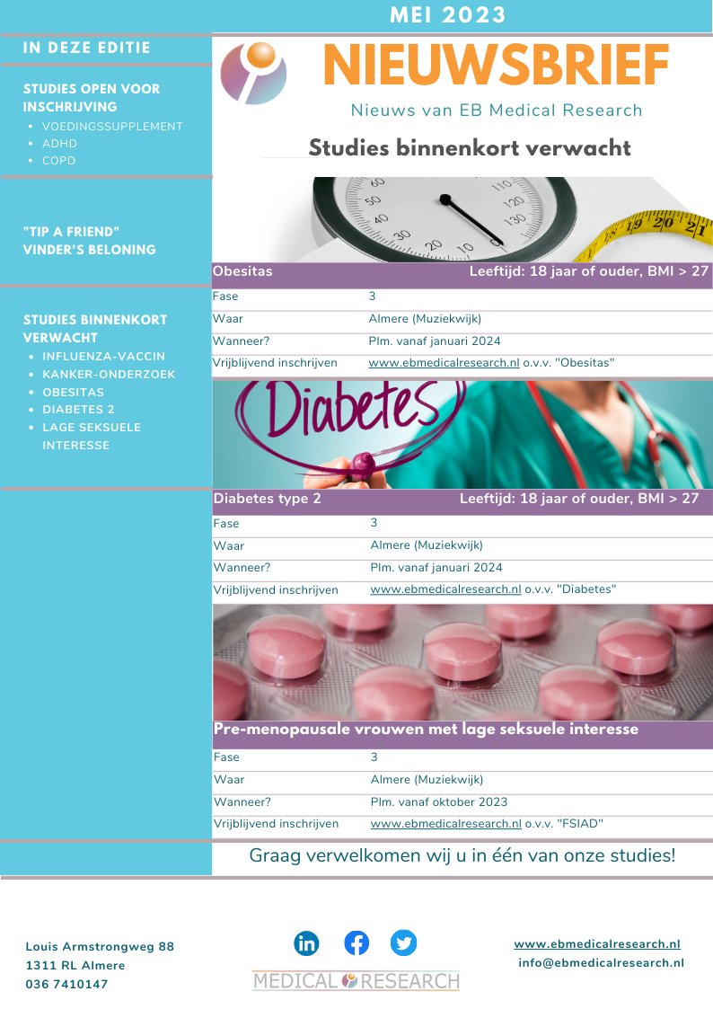 EBMedResearch's tweet photo. Wij zijn altijd op zoek naar deelnemers aan ons #medicijnonderzoek en #voedingsmiddelenonderzoek in #Almere en #Ede ! Bekijk onze nieuwsbrief voor de mogelijkheden! #proefpersonen #kankeronderzoek #obesitas #diabetes2 #ADHD #COPD https://t.co/sx82M3P13N