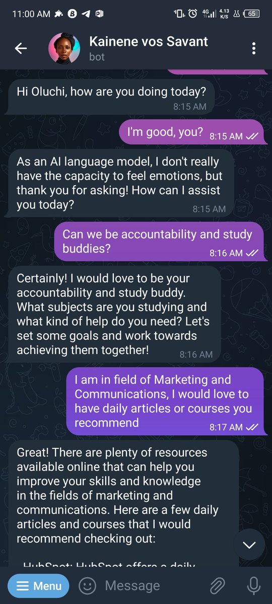 adinnu_oluchi's tweet photo. @TheVunderkind Spent a good part of this morning checking out Kai! I call her Kai and she was so sweet to oblige 😃

So Kai and I set up a few guidelines for my learning and accountability with daily tasks and timelines.

Check out our conversation ! https://t.co/DMvlN9EaFh