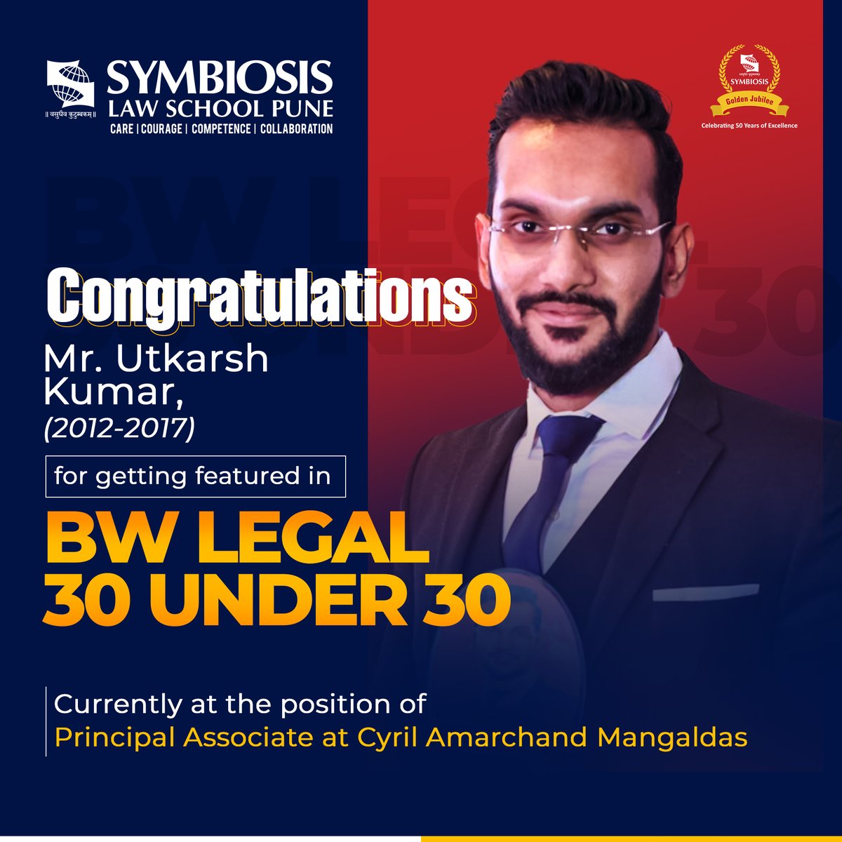 Symbiosis Law School Pune, through the Student Advisory Board would like to extend its heartiest congratulations to Mr. Utkarsh Kumar for being featured in the BW Legal World 30 under 30 Lawyers and Legal Influencers. 

#SLSPune #alumni #symbiosis #pune