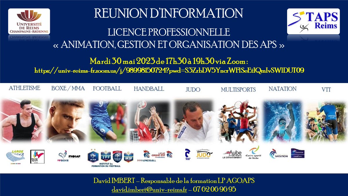 L'UFR STAPS vous convie à sa prochaine réunion d'information sur la Lpro  AGOAPS le mardi 30 mai 2023 de 17h30 à 19h30 via Zoom univ-reims-fr.zoom.us/j/98998150724?…
@FF_Box <a href="/FFAthletisme/">FFAthlétisme</a> <a href="/FFF/">FFF</a> <a href="/francejudo/">France Judo</a> <a href="/FFNatation/">FFN</a> <a href="/FFCyclisme/">FFC</a> <a href="/CdosMarne/">CDOS Marne</a> <a href="/partagetonsport/">CROS Grand Est</a> <a href="/FranceOlympique/">FranceOlympique</a> <a href="/universitereims/">Université de Reims Champagne-Ardenne</a>