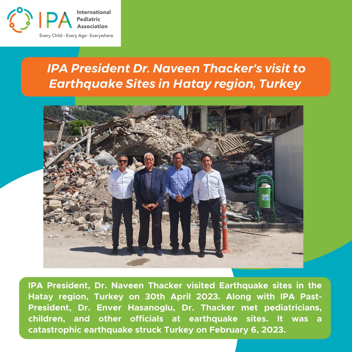 IPAWorldorg's tweet photo. Dr. @NaveenThacker (IPA President) and Dr. Enver Hasanoglu (IPA Past-President) visited earthquake sites in Hatay region, Turkey. Watch the full report on YouTube: https://t.co/5EhgLbm15f
#IPA #IPAEventReport https://t.co/3XPMf6XAVY