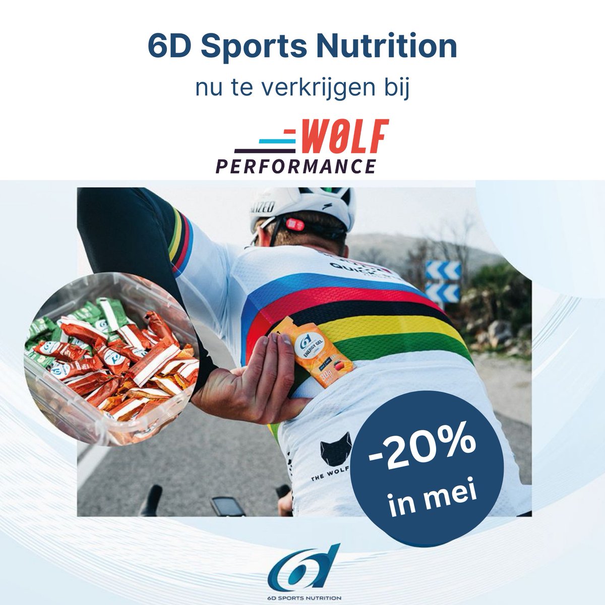 ❗❗ PROMO ALERT - 20% korting in mei ❗❗

Vanaf heden kan je jouw 6D sportvoeding gewoon bestellen bij Wolf Performance.
👉 Stuur je bestelling door naar info@wolfperformance.be
👉 Wij zetten je bestelling klaar
👉 Haal je bestelling af en betaal via Bancontact
