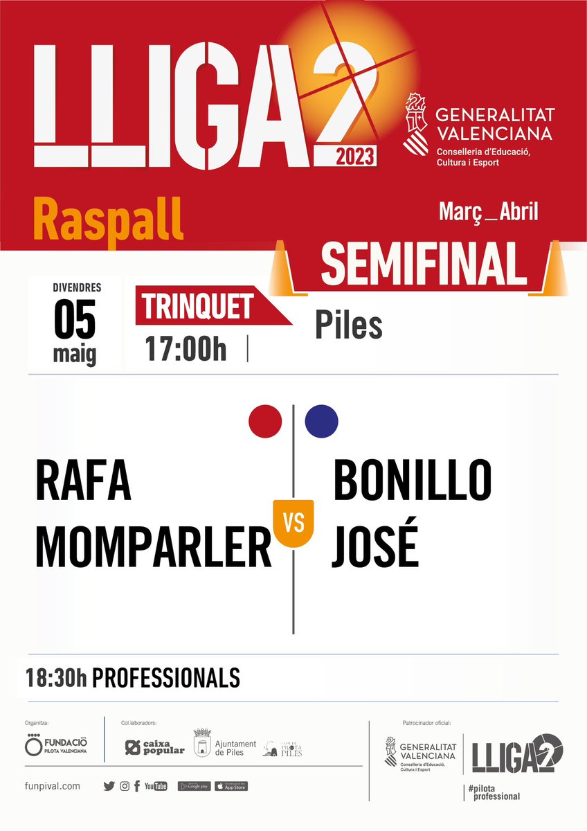 funpival's tweet photo. 📆 Agenda de #pilotaprofessional del cap de setmana.

➡️Divendres 5 i diumenge 7 LLiga2 SEMIFINALS 📌 Piles I 📌Borriol
➡️Dissabte 6 FINAL Trofeu @lallosaderanes - Premi Bonestar en directe per @Proximiatv 

#lliga2 #trofeullosabonestar23 https://t.co/mN2qR3dMyC