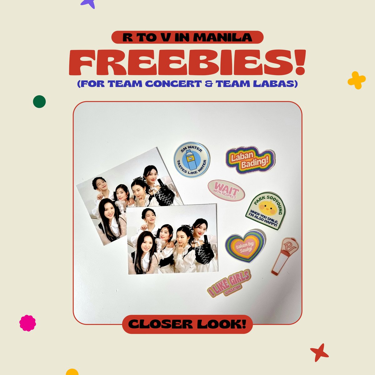 sunnysideclub_'s tweet photo. ❤️‍🔥 R to V in Manila Freebies ❤️‍🔥

Will be giving these away on May 7!
🍳 Limited cute sized OT5 photo
🍳 55 sets of random stickers

🍳 1:1, DM for trades
🍳 Mbf, like, &amp; rt to spread
🍳 Time &amp; location TBA

See you there, luvies! 🩷💛💚💙💜
#RedVelvetinMNL2023 
#RtoVinMNL https://t.co/NWzn61XyBA