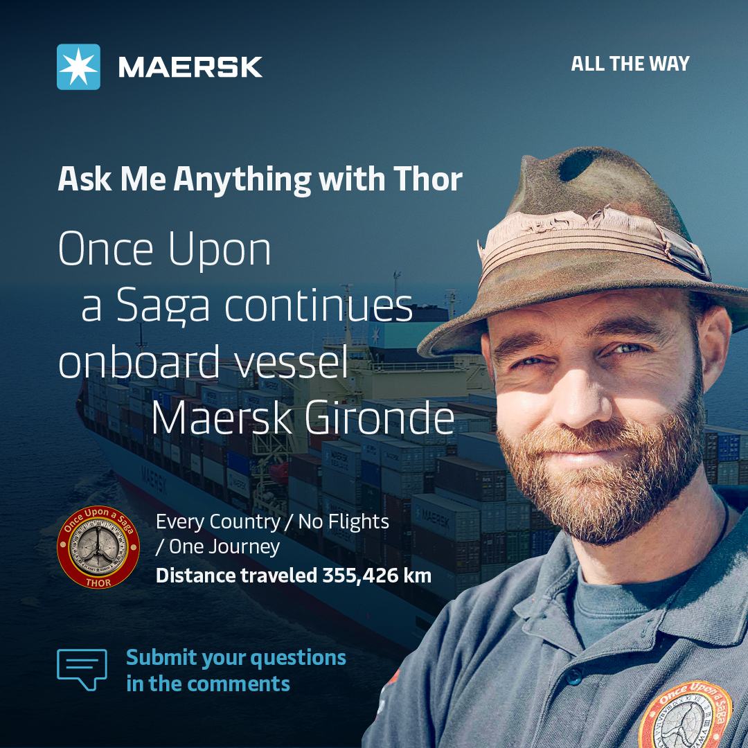 Maersk's tweet photo. Thor @onceuponasaga the 1st person in history to visit 201 countries in an unbroken journey without flying. 🗺Now onboard our vessel 🛳 with 2 more to go. Post your questions in the comments below for #AskThor and our #AskMaerskGirondecrew
Stay tuned for responses this month 🌊 https://t.co/SCTB17qQwr
