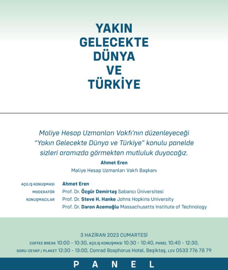 🔵In the 100th anniversary of Republic of Türkiye, three of the world's most reliable economists will be at the Finance Tax Inspectors Foundation panel with the theme "The World and Türkiye in the Near Future".
<a href="/ProfDemirtas/">Özgür Demirtaş</a> <a href="/steve_hanke/">Steve Hanke</a> <a href="/DrDaronAcemoglu/">Daron Acemoglu</a>