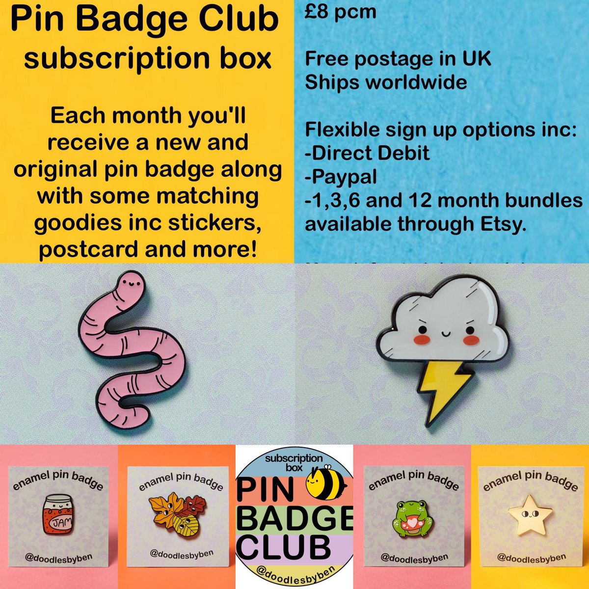 This is #PinBadgeClub the monthly subscription box. 
Along with an original enamel pin you'll find other extras like stickers, postcard + fridge magnet. All designed by me!
DMs open for queries, more info and sign up options here: pinbadgeclub.com / doodlesbyben.etsy.com