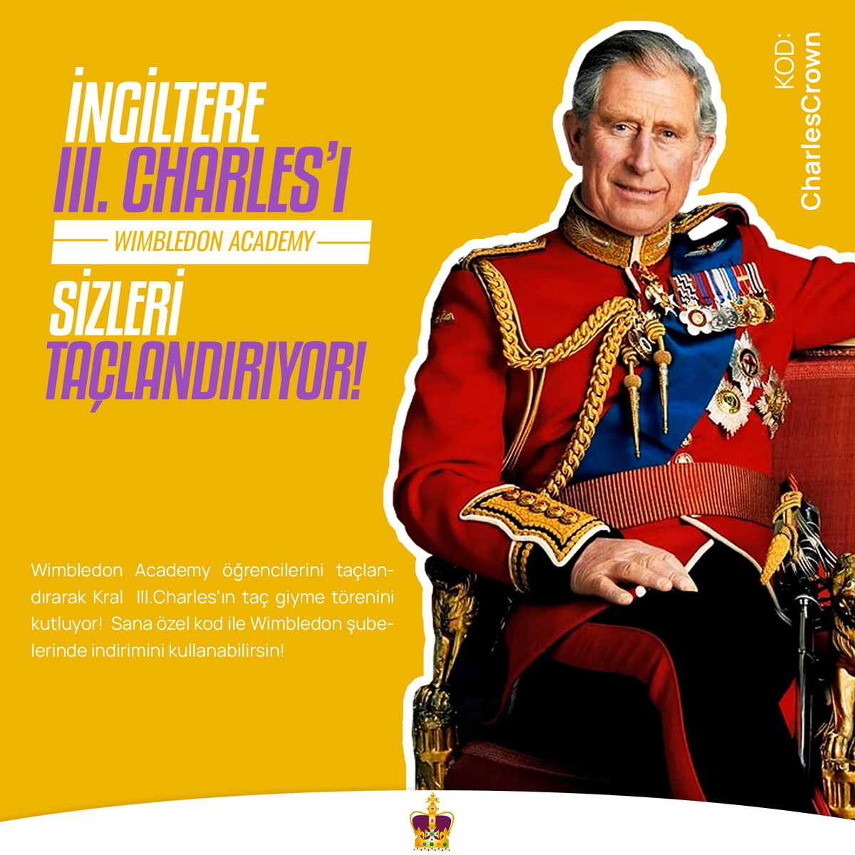 WimbledonlaT's tweet photo. İngiltere III. Charles’ı, Wimbledon Sizleri Taçlandırıyor! 👑

Wimbledon Academy öğrencilerini taçlandırarak III.Charles’ın taç giyme törenini kutluyor!

CharlesCrown kodu ile Wimbledon şubelerinde %15 olan eğitim indiriminizi kullanabilirsiniz! https://t.co/o63rFpEpV0