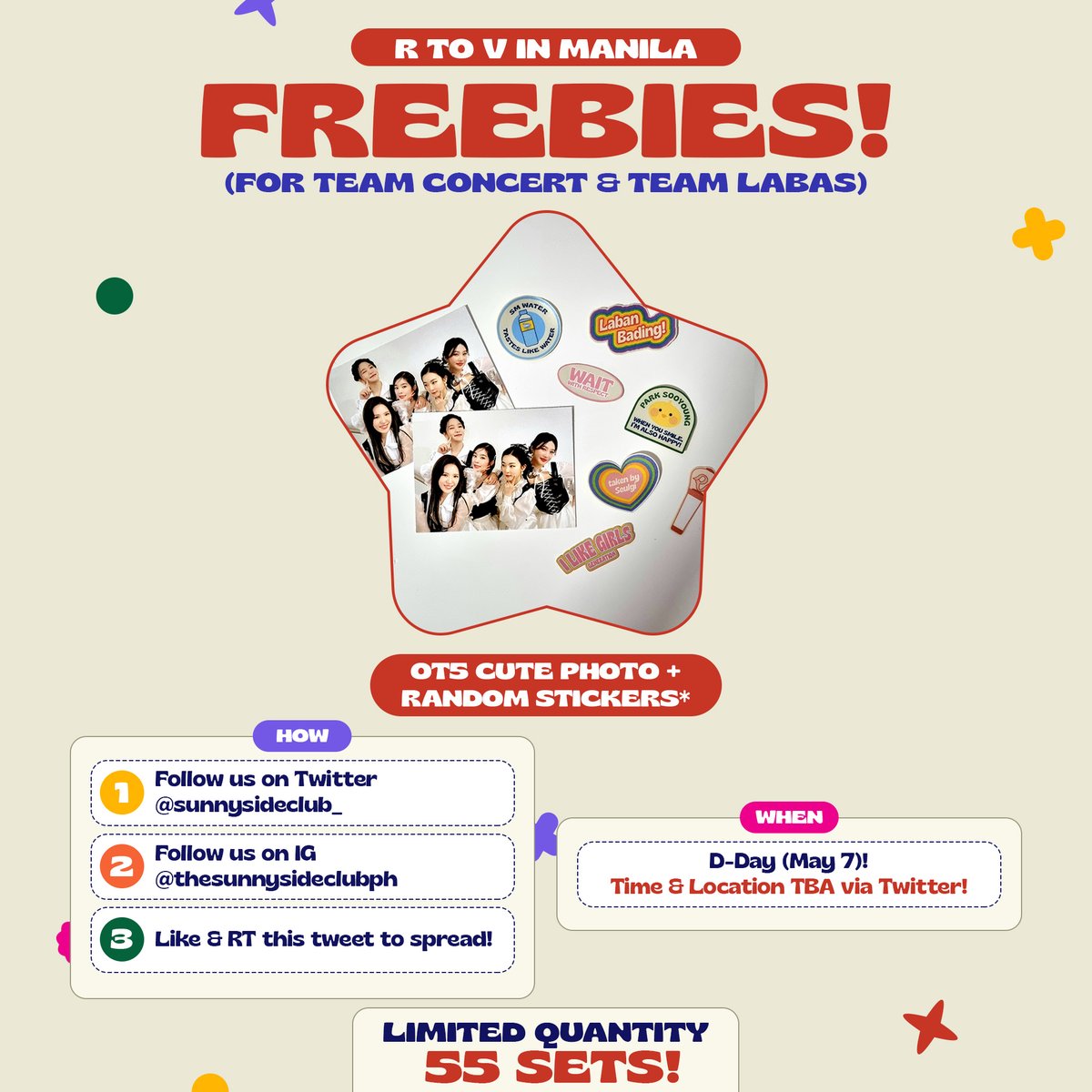 sunnysideclub_'s tweet photo. ❤️‍🔥 R to V in Manila Freebies ❤️‍🔥

Will be giving these away on May 7!
🍳 Limited cute sized OT5 photo
🍳 55 sets of random stickers

🍳 1:1, DM for trades
🍳 Mbf, like, &amp; rt to spread
🍳 Time &amp; location TBA

See you there, luvies! 🩷💛💚💙💜
#RedVelvetinMNL2023 
#RtoVinMNL https://t.co/NWzn61XyBA