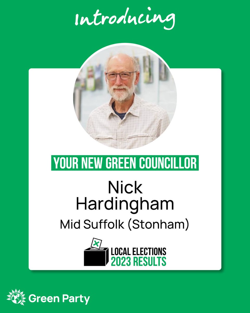 EastGreenParty's tweet photo. ✅ BREAKING: Green WIN in #Stonham!
🎉Massive congratulations to Nick Hardingham and @MidSuffolkGreen for winning the Stonham seat from the Conservative leader of the Mid Suffolk District Council!
📢More to follow from #MidSuffolk!
#GetGreensElected
https://t.co/8ASfJLDZww https://t.co/GdV4VhezkB