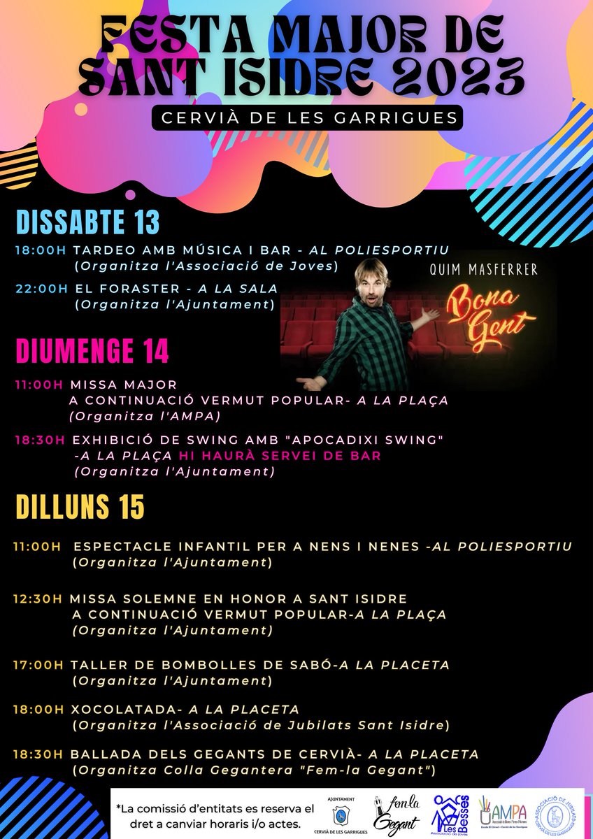 Ja tenim aquí el programa d'actes de la Festa Major de Sant Isidre!! 👏 
Aquí teniu totes les activitats que es faran!! 😜🥁🥂🕺🎊
Esperem veure-us a tots i totes, i compartir una bona estona!! 🥳