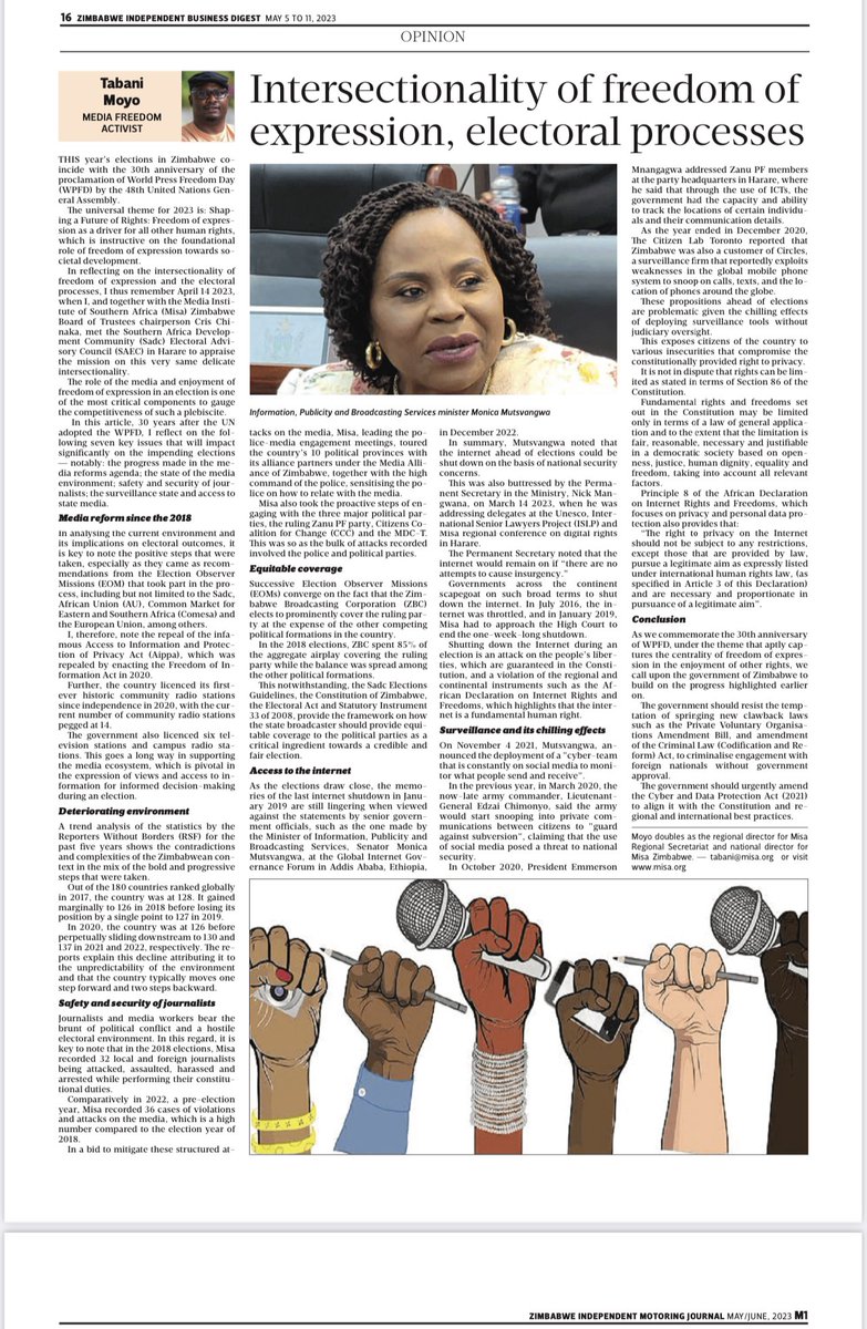 TabaniMoyo's tweet photo. Opinion piece: Intersectionality of #freedomofexpression & #electoralprocesses #Zimbabwe
#WPFD2023 published @Zimindependent (5 - 11 May 2023)
#JournalismIsNotACrime
#WPFD30
https://t.co/90VjRjqBYp
@IFEX @unescoROSA @dw_akademie @misazimbabwe @MISARegional https://t.co/KXlS0k16rd