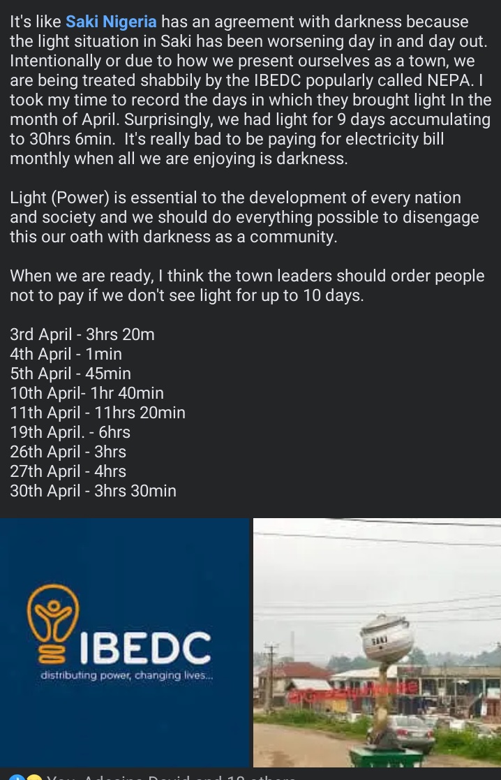 Asabari_CC's tweet photo. It's not exaggerating facts, @IBEDC_NG is #DistributingDarkness to Ṣakí consumers. Attached screenshot is an evidence. 30hrs 6min power supply throughout April,2023. It was around 42hrs in March. Maybe lesser in May,2023. It has been so bad. @NERCNG @hollernigeria @fccpcnigeria https://t.co/xPbkRx56ld