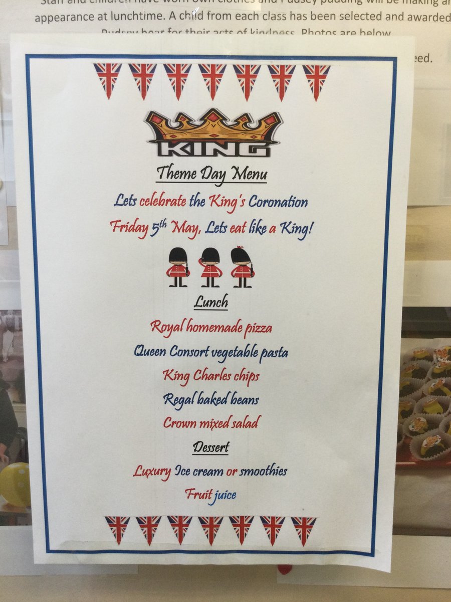 Today we are eating like Kings at Grove  School  to celebrate King Charles’  coronation! 🎉🇬🇧👑🍟🍕🍨