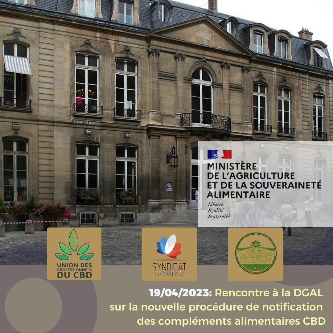 UPCBDfr's tweet photo. 📢 Le 19/04/23, l'intersyndicale du secteur du CBD français était à la Direction Générale de l'Alimentation pour échanger sur les compléments alimentaires CBD! 💬🤝
#UPCBD #SPC #AFPC #CBD #DGAL #ministereagriculture #chanvrebiologique #chanvrebio #bienêtre #cannabinoïdes https://t.co/XXav7x4Nsz