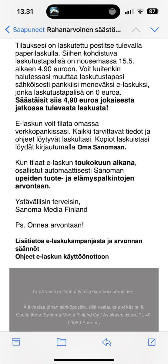 Onkohan tää joku huijaus yritys vai eikö <a href="/SanomaMediaFin/">Sanoma Media Finland</a> vaan osaa yhtään mitään kun ei ole yhtään tilausta/laskua ja yhteystiedoista ei löydy mitään järkevää vaihtoehtoa.