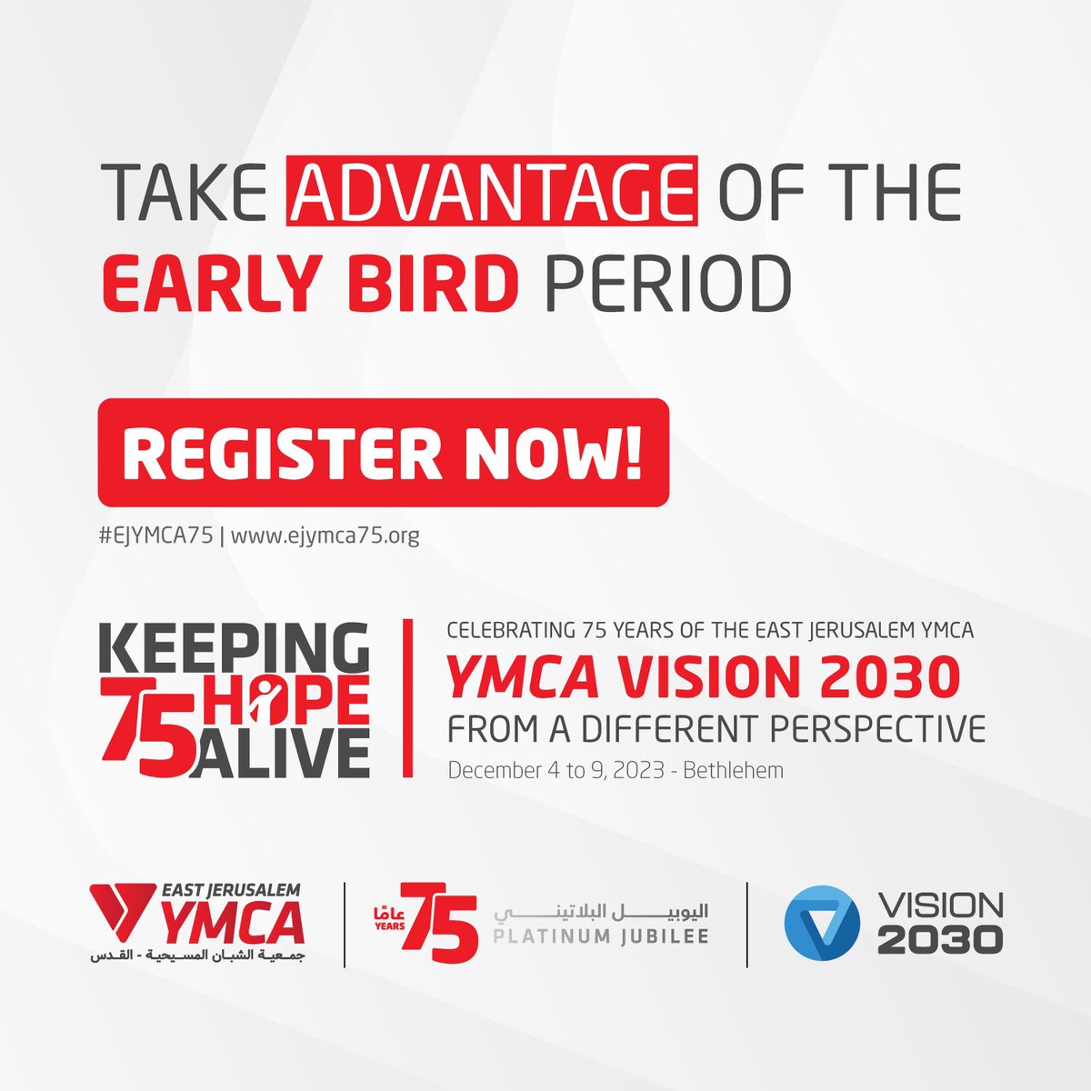 ￼
￼
🚨 Make sure to register before the 31st of May to take advantage of the Early Bird Prices!

Follow this link: ejymca75.org

#EJYMCA75 #KeepingHopeAlive