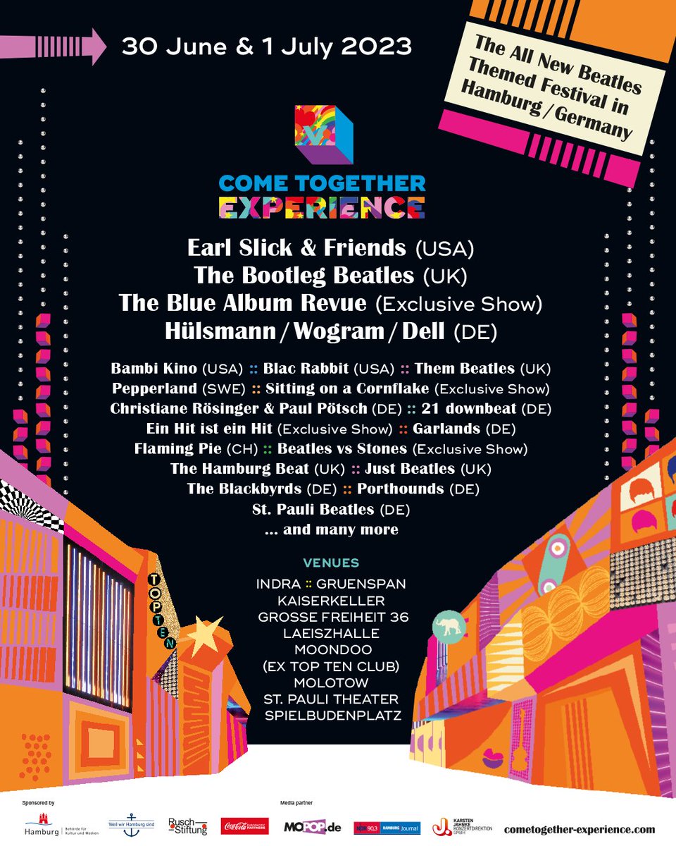 The First Line Up Poster - We are out on the streets today!
It won’t be long - Get your tickets now as infamous Reeperbahn awaits you dearly!

cometogether-experience.com/tickets

Festival artwork by Dunja Berndorff
#CTE23 #Liverpauli  #CTEHH #Hamburg