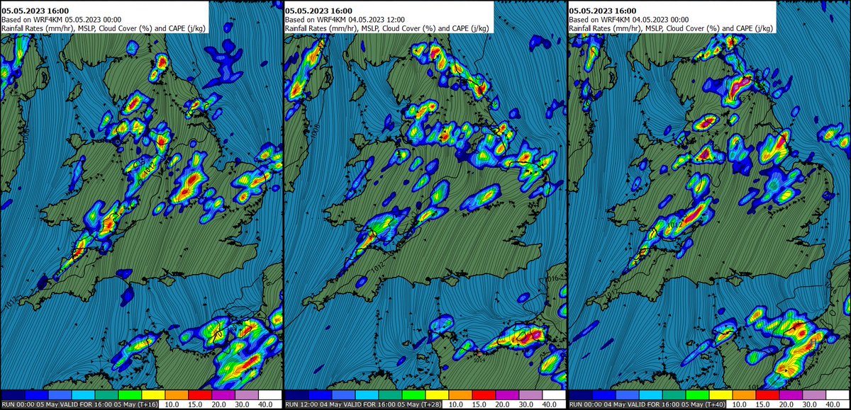 MetraWeatherUK's tweet image. Further #heavyshowers and #thunderstorms through the afternoon are highlighted well on the last 3 runs of high resolution data. A convergence zone across #SWEngland running up into parts of #Wales #Midlands and also across #NEngland will be key areas for local severe weather