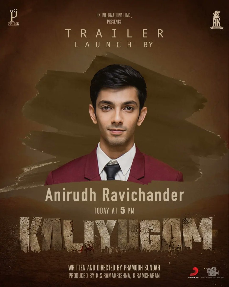 Music director <a href="/anirudhofficial/">Anirudh Ravichander</a>  will be launching the trailer of #Kaliyugam at 5.00 PM today!

Stay tuned to <a href="/SonyMusicSouth/">Sony Music South India</a> 

#KaliyugamTrailer 

<a href="/ShraddhaSrinath/">Shraddha Srinath</a> #Kishore <a href="/rkintlinc/">K.S Ramakrishna</a> <a href="/primecinemas_/">Prime Cinemas</a> <a href="/prastories/">Pramodh Sundar</a> <a href="/rck_dop/">Ramcharan</a> <a href="/nimzcut/">Nimz</a> #Dawnvincent <a href="/sivadigitalart/">SivaKumar S (Stop Plastic Pollution)</a>